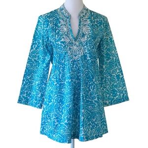 Lilly Pulitzer Sarasota Shells Beaded Tunic Top Sz XS Cotton Aqua Teal V Neck